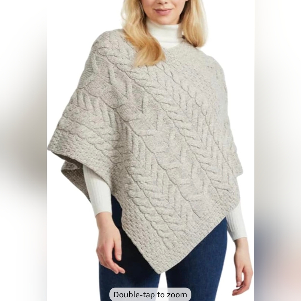 Aran Crafts Poncho 100% Merino Wool Oatmeal Irish Knit Sweater Size M/L NWOT